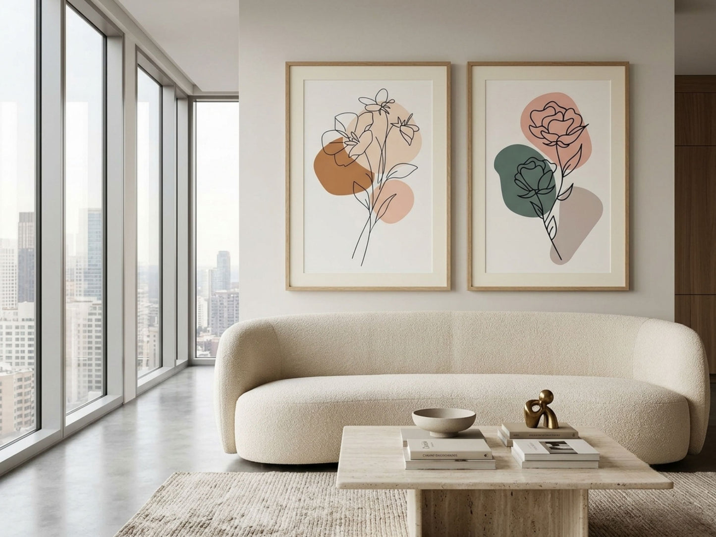 Luxury botanical line-art wall art set of 2 in terracotta and sage, oak frames, in a modern penthouse living room with city views by VYLOIRE