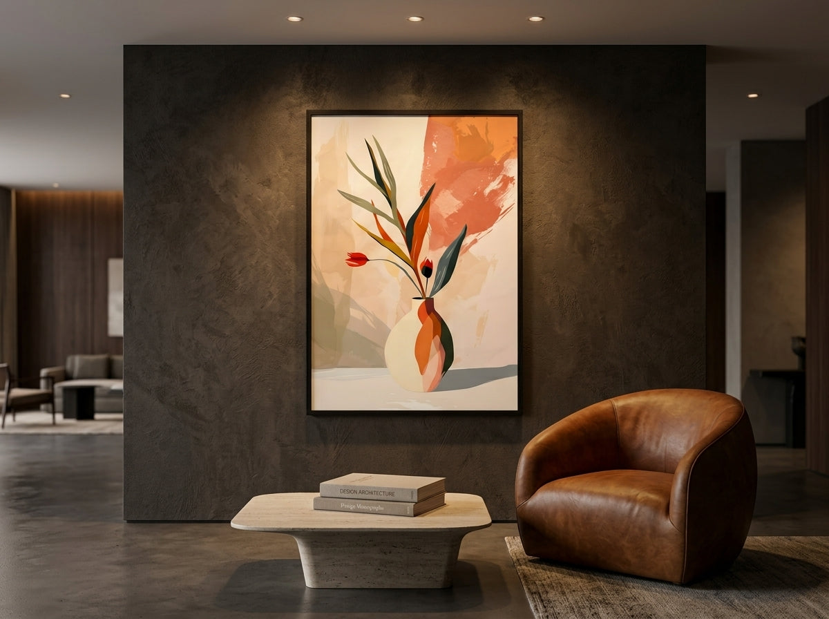 Abstract botanical vase luxury art print in terracotta and sage, white Premium Oak frame, displayed in a boutique hotel lobby — Vyloire