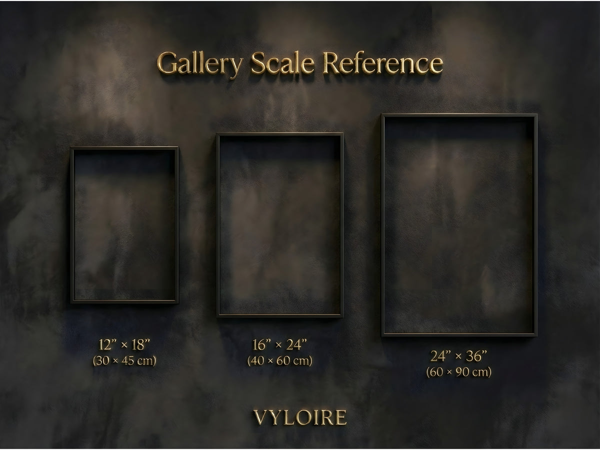 Size and scale reference for Vyloire wall art, showing 12×18, 16×24 and 24×36 inch sizes in black frames on a dark gallery wall