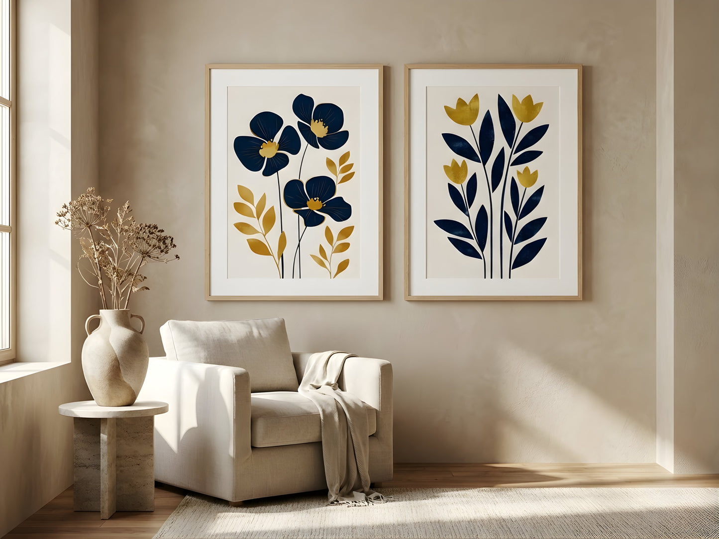 Luxury navy and mustard botanical wall art set of 2 above a beige armchair in a Scandinavian reading nook by VYLOIRE