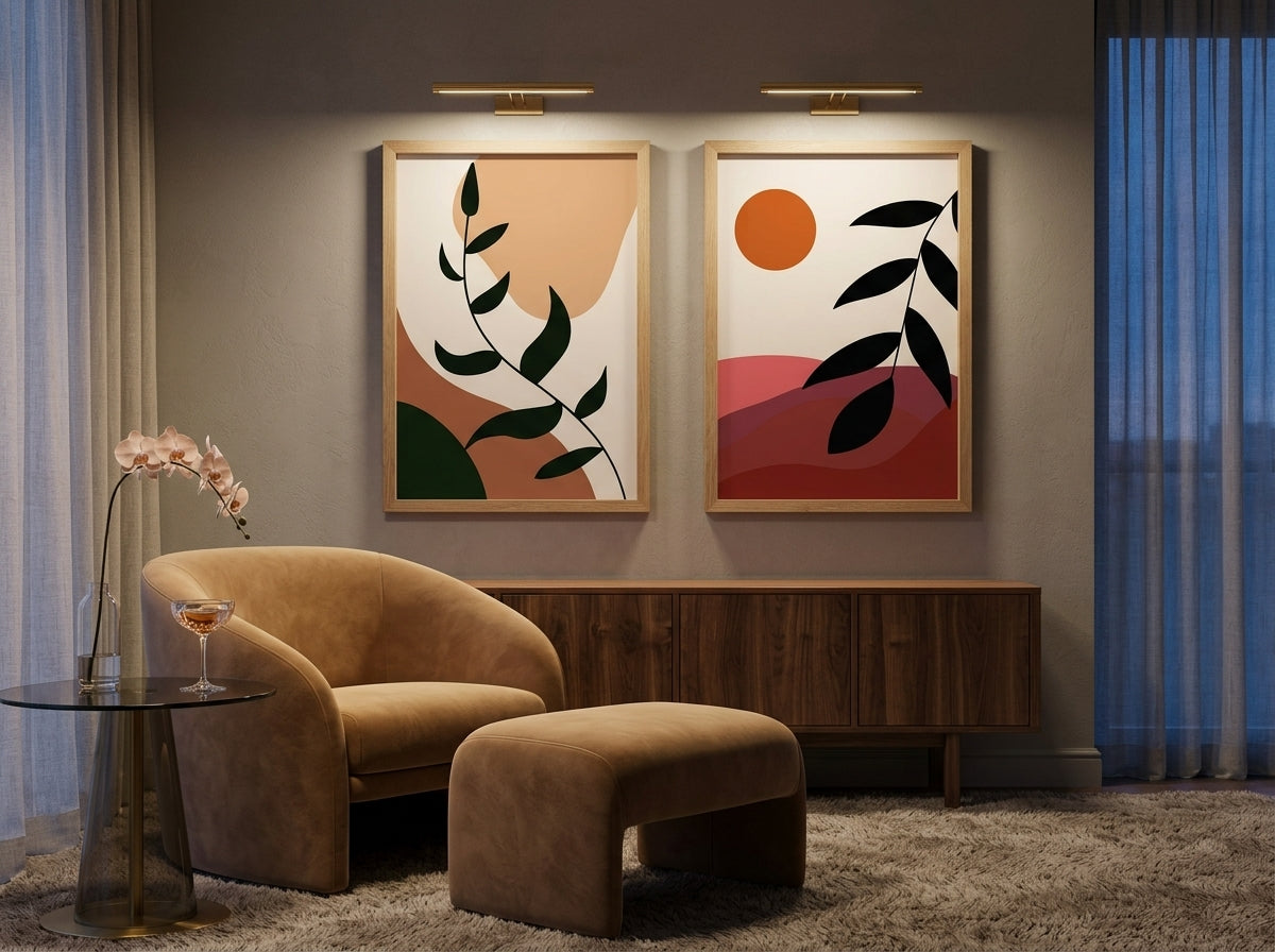 Luxury boho botanical and abstract sun wall art set of 2 in earth tones, oak frames, above a credenza in an evening living room by VYLOIRE
