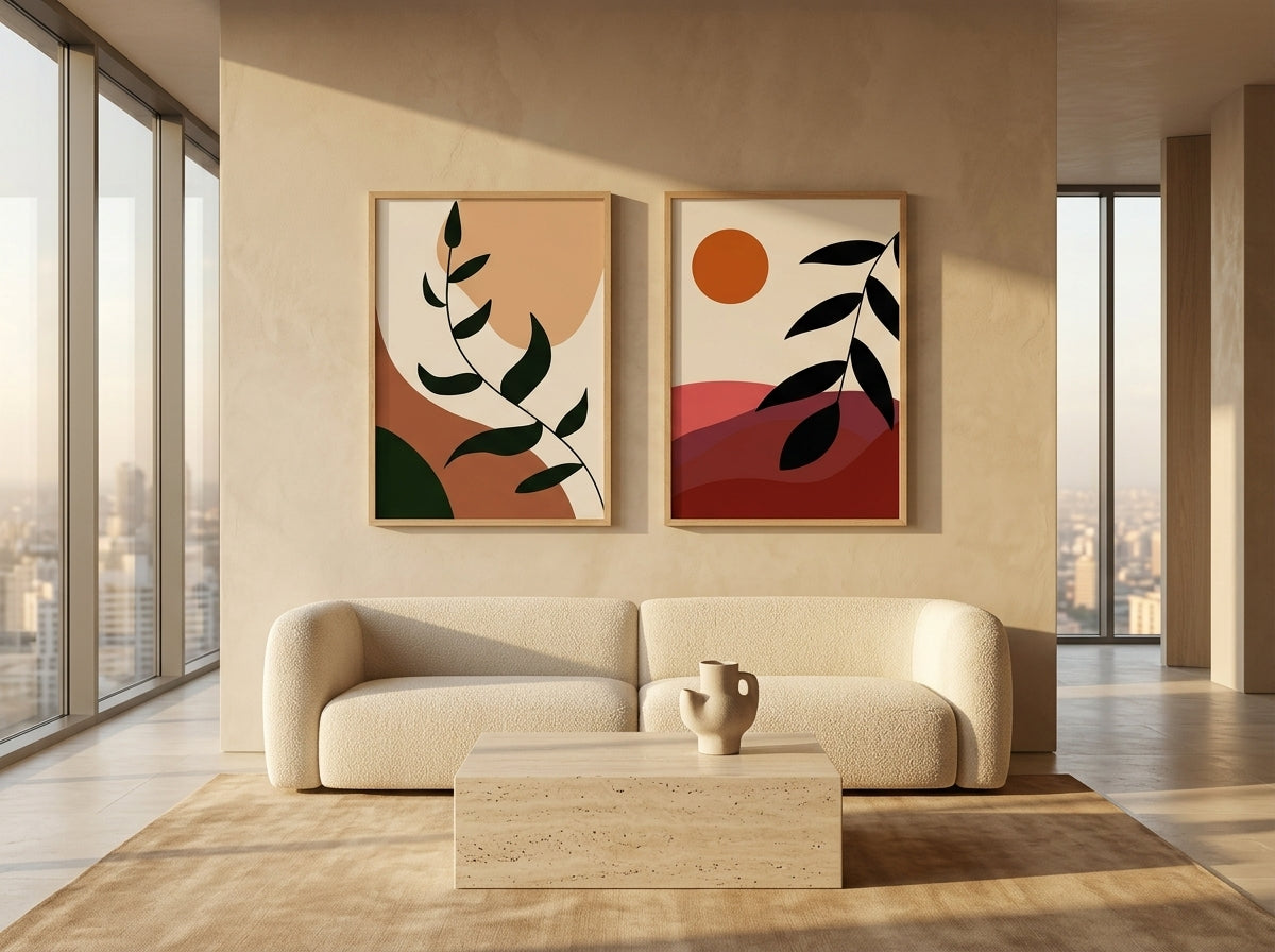 Luxury boho botanical and abstract sun wall art set of 2 in terracotta and olive green, oak frames, in a penthouse living room by VYLOIRE