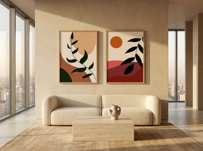 Luxury boho botanical and abstract sun wall art set of 2 in terracotta and olive green, oak frames, in a penthouse living room by VYLOIRE