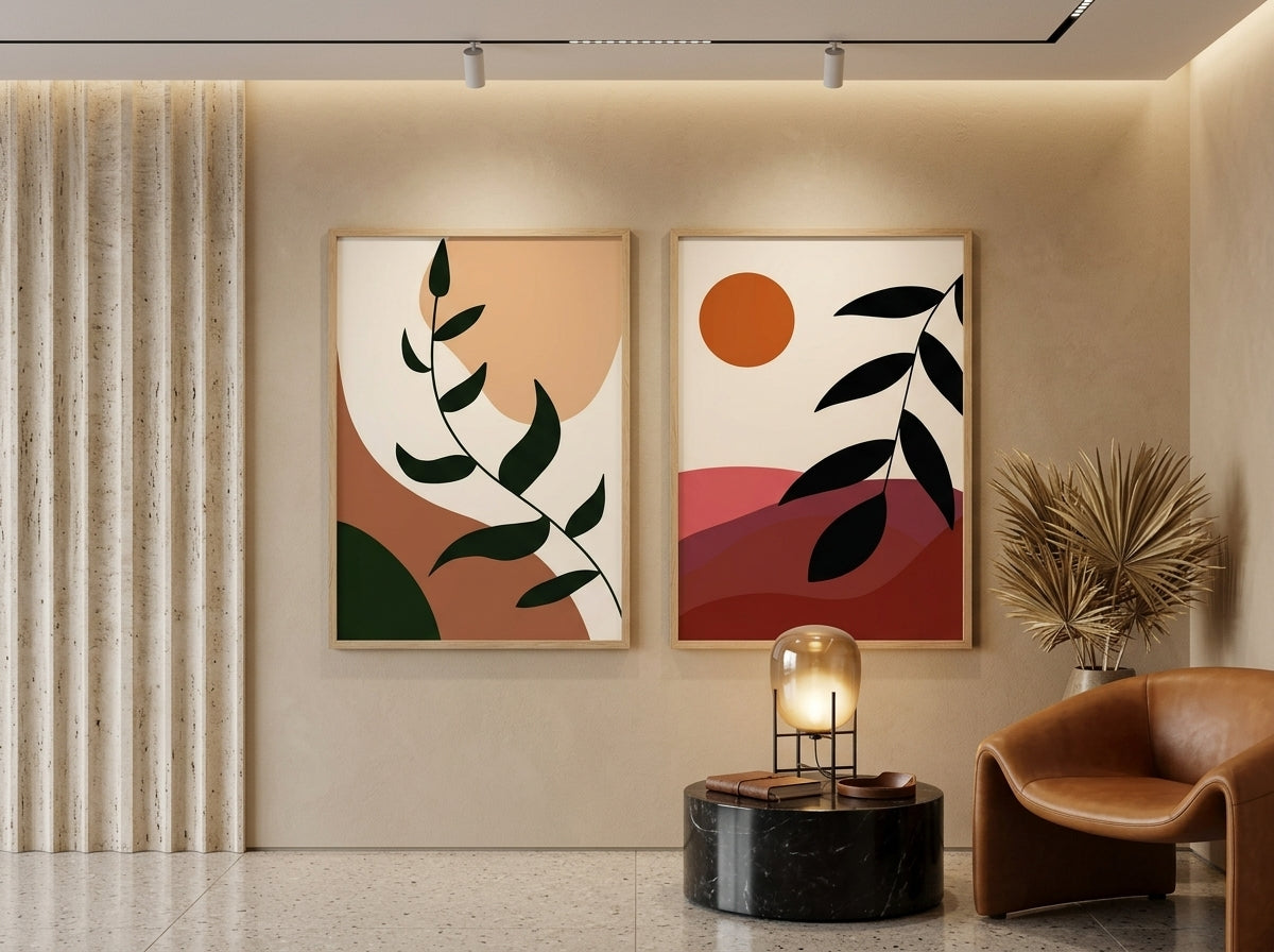 Luxury boho botanical and abstract sun wall art set of 2 in earth tones, oak frames, in a warm travertine lounge by VYLOIRE