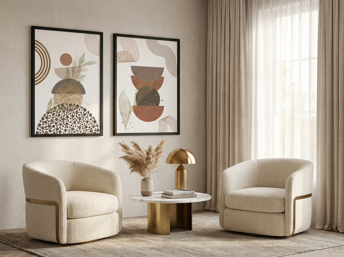 Luxury abstract botanical set of 2 in black frames in a hotel-suite seating area with bouclé chairs, terracotta sage and gold by VYLOIRE.