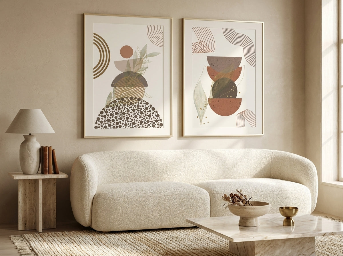 Abstract botanical set of 2 in gold frames over a curved cream sofa, terracotta and sage with gold accents by VYLOIRE.