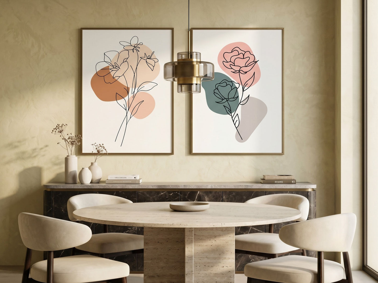 Luxury botanical line-art set of 2 in terracotta and sage, oak frames, above a sideboard in a modern dining room by VYLOIRE