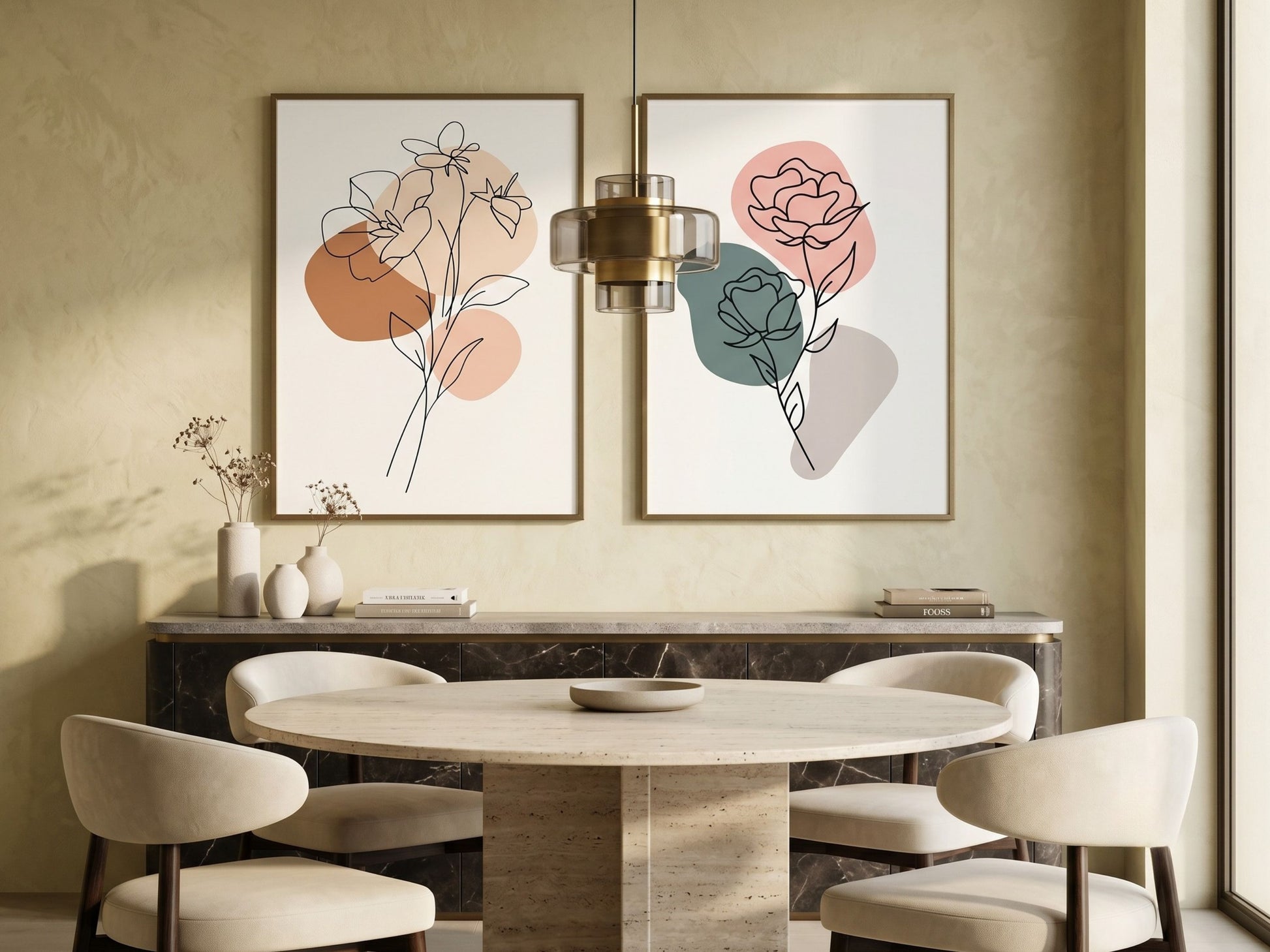 Luxury botanical line-art set of 2 in terracotta and sage, oak frames, above a sideboard in a modern dining room by VYLOIRE