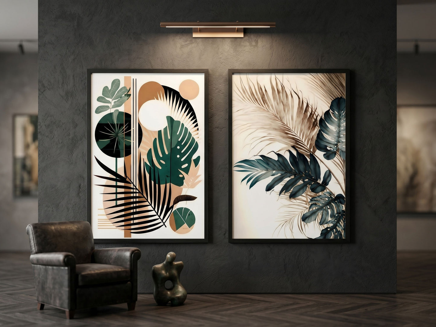 Luxury botanical and watercolor tropical wall art set of 2 in emerald and teal, black frames, on a dark gallery statement wall by VYLOIRE