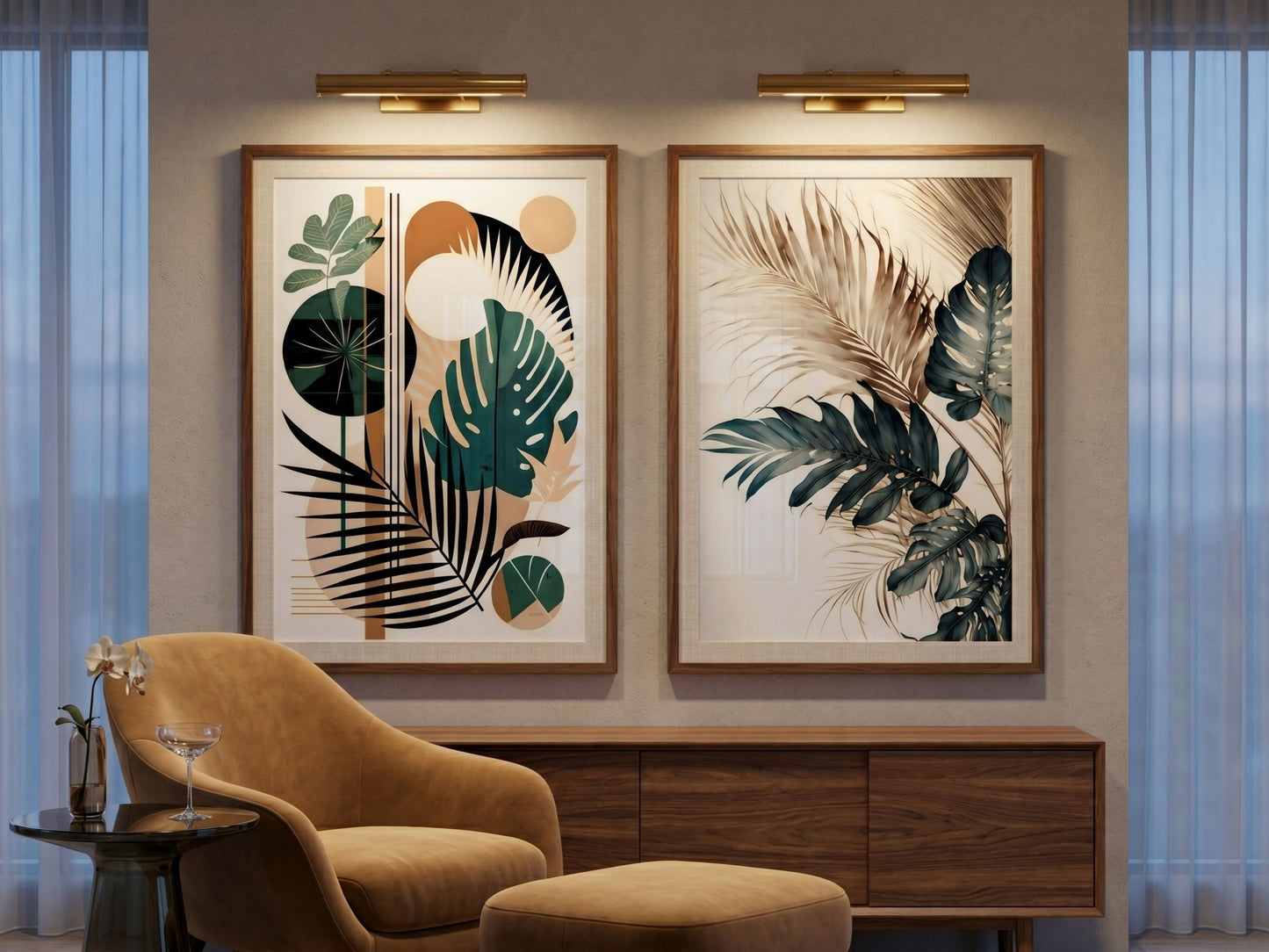 Luxury botanical and watercolor tropical wall art set of 2 in emerald and terracotta, oak frames, in an elegant evening living room by VYLOIRE