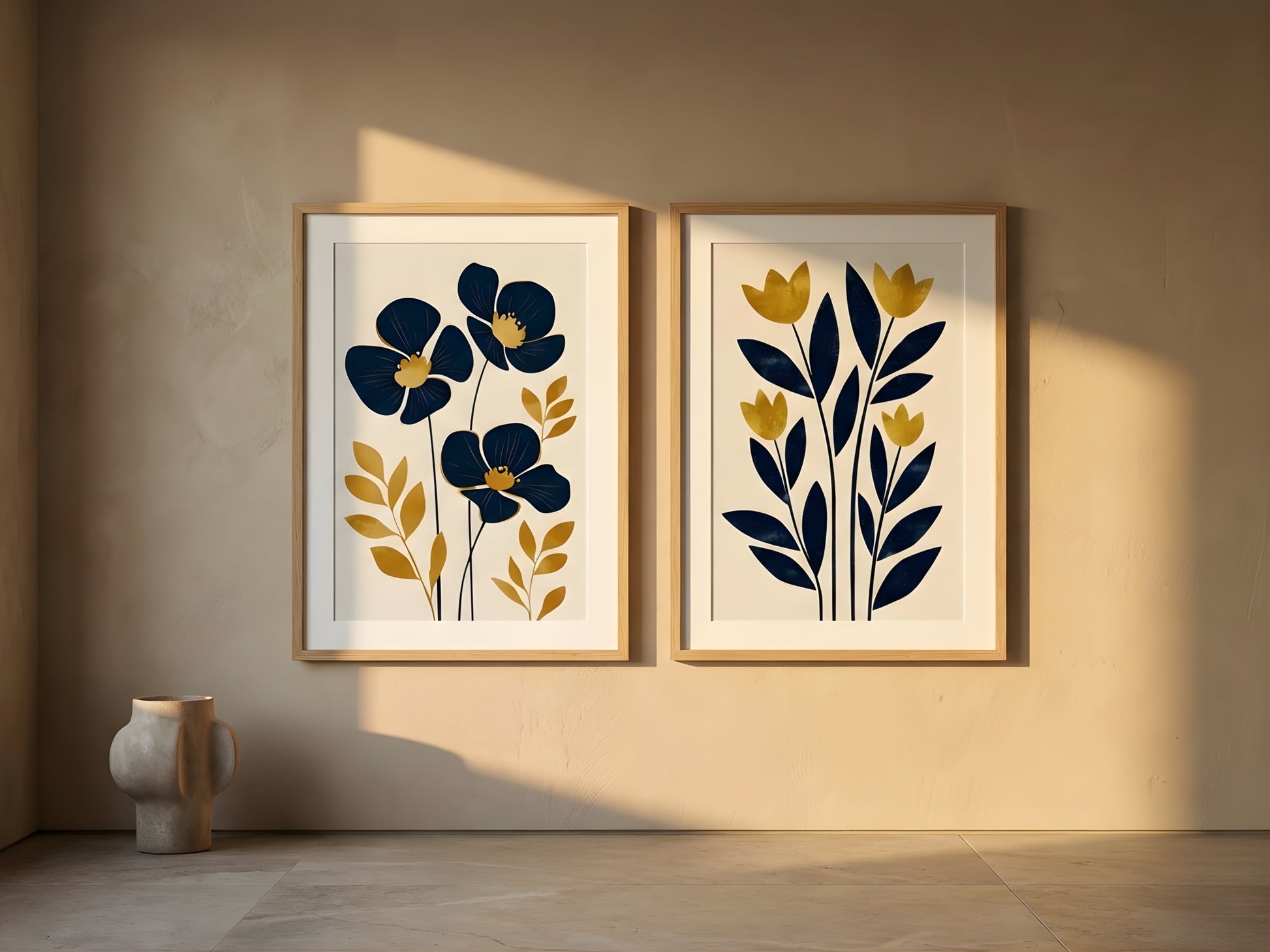 Luxury framed navy and gold botanical wall art set of 2 on a warm minimalist Japandi plaster wall by VYLOIRE