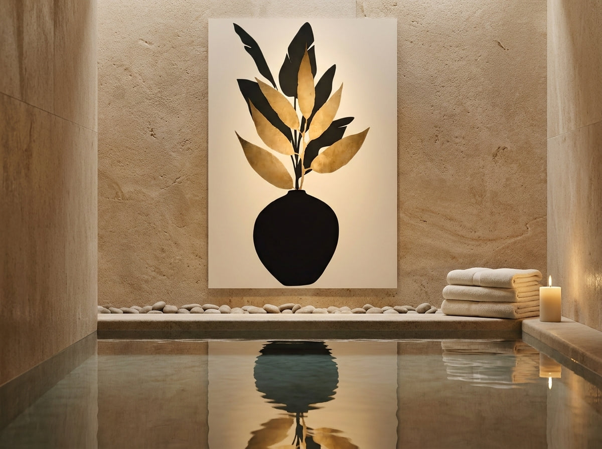 Vyloire botanical vase wall art in matte black and antique gold, unframed, displayed beside a Japanese-style travertine bathing pool