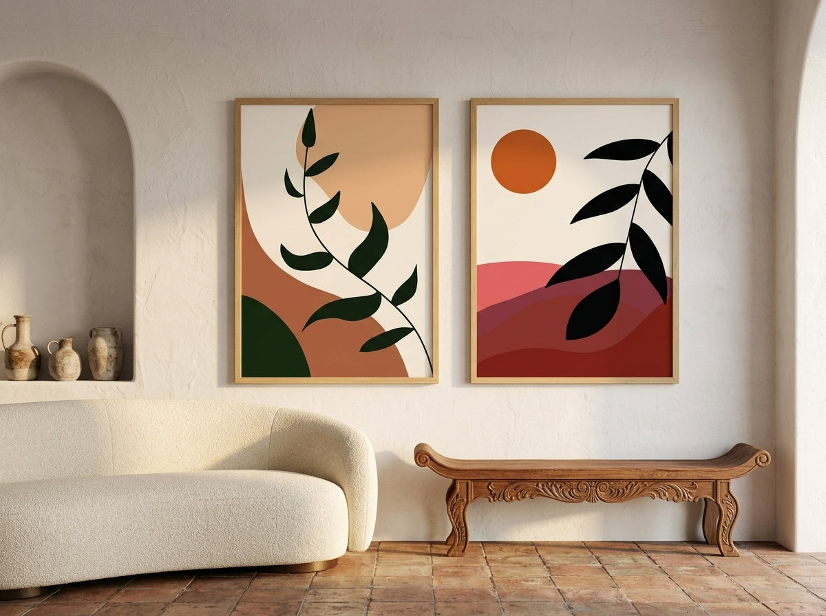 Boho botanical and abstract sun wall art set of 2 in terracotta and burnt orange, oak frames, in a rustic Mediterranean living room by VYLOIRE