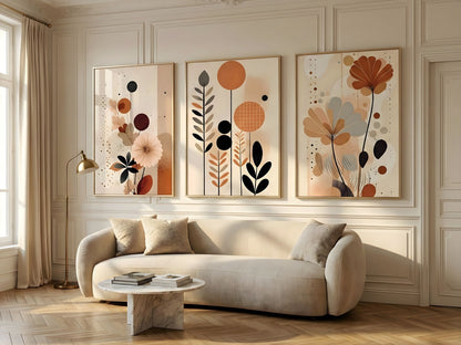 Mid-century terracotta and beige abstract botanical set of 3 in oak frames in a classic paneled living room by VYLOIRE