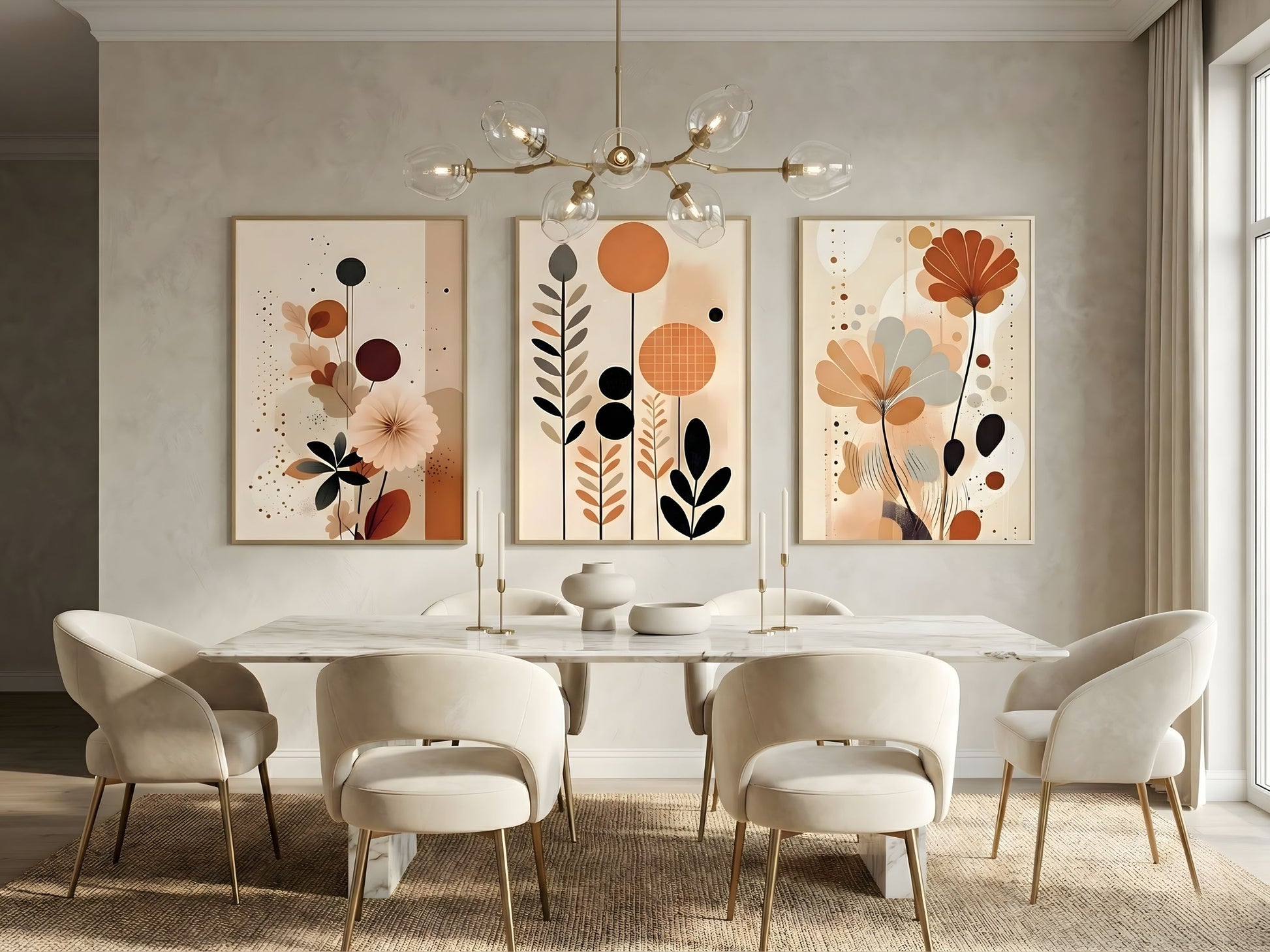 Mid-century terracotta and rust abstract botanical set of 3 in oak frames above a dining table by VYLOIRE