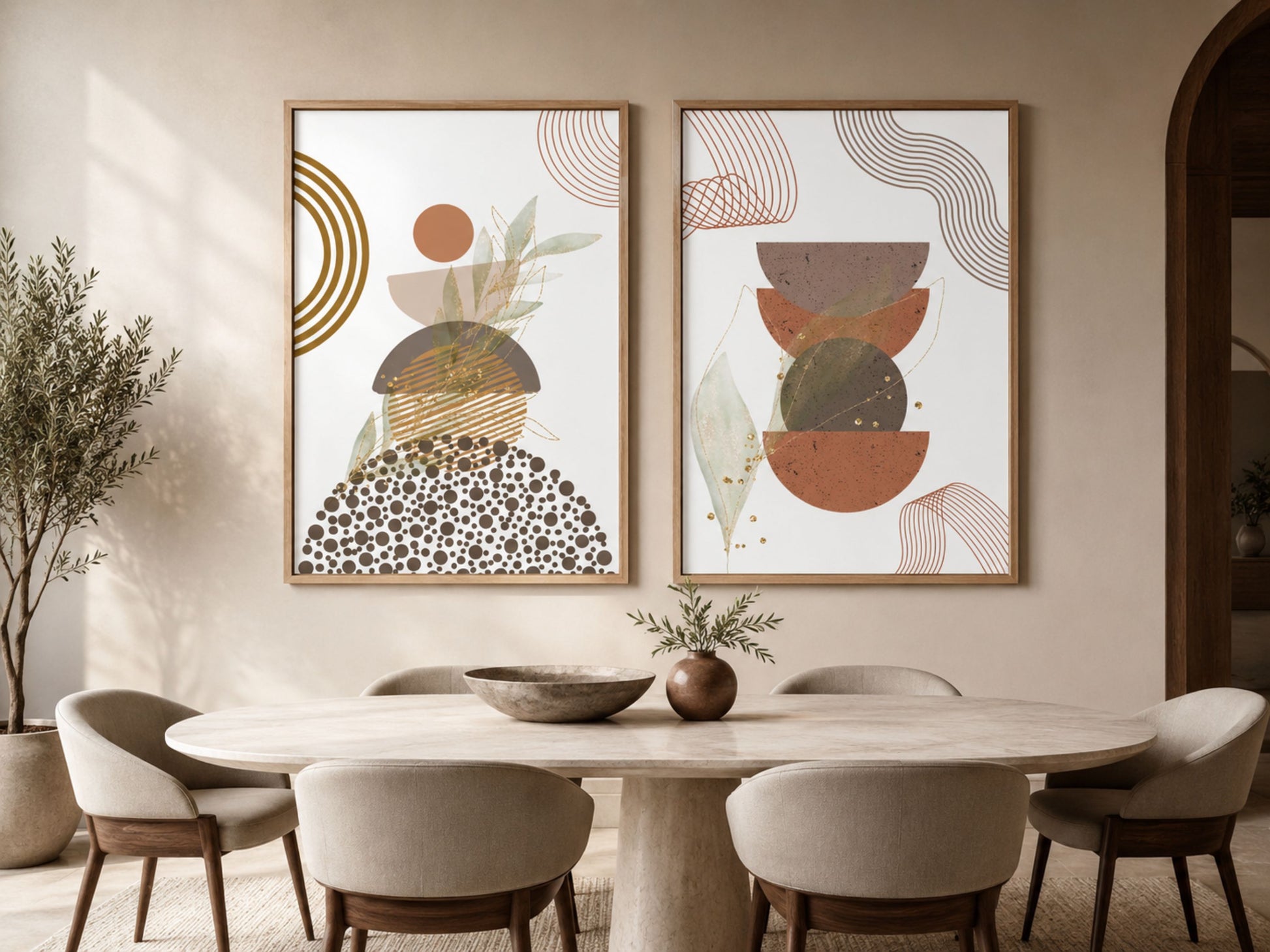 Mid-century abstract botanical set of 2 in oak frames, terracotta, olive and gold prints in an earthy dining room by VYLOIRE.