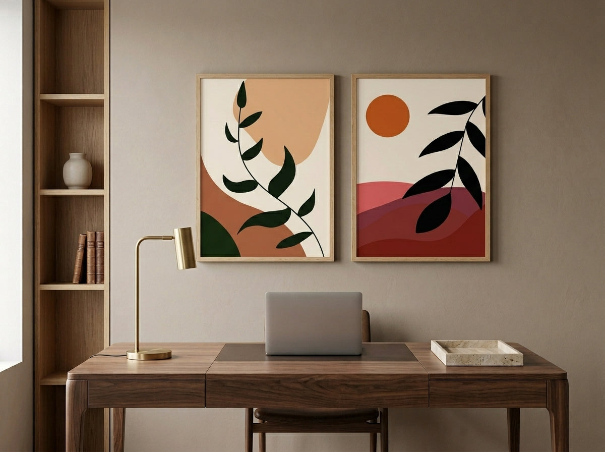 Mid-century boho botanical and abstract sun wall art set of 2 in earth tones, oak frames, above a walnut home office desk by VYLOIRE