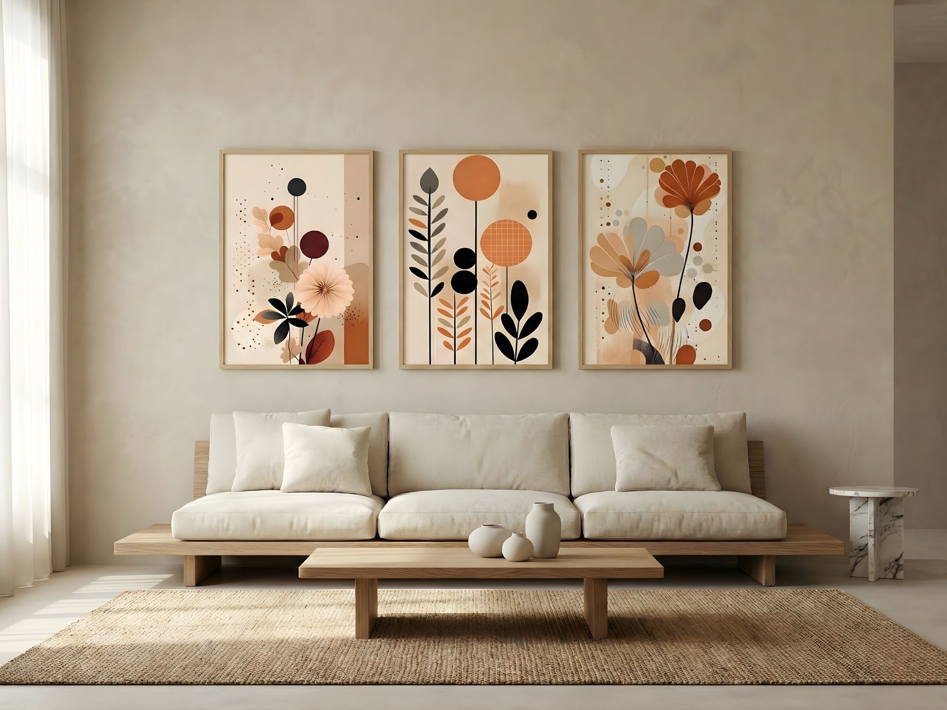Minimalist terracotta and beige abstract botanical set of 3 in oak frames in a Japandi living room by VYLOIRE