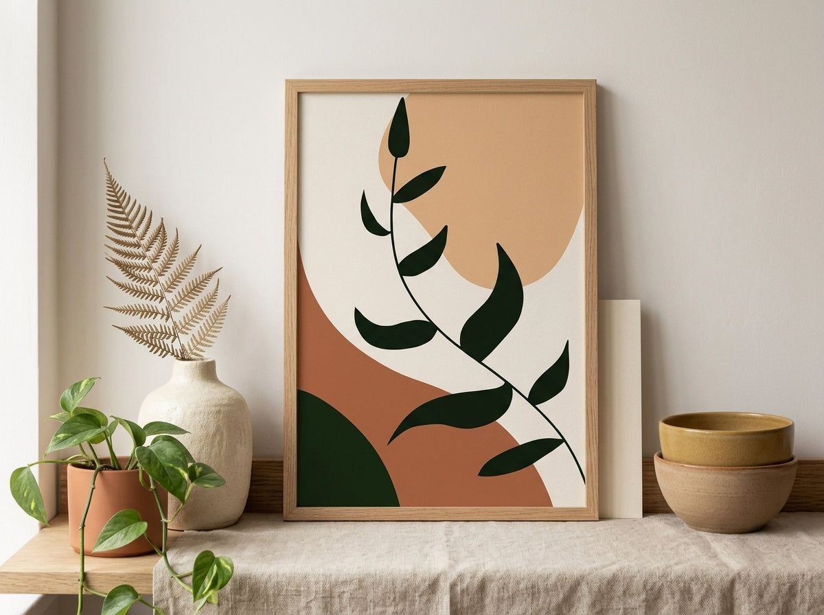 Minimalist boho botanical leaf-branch art print in terracotta and olive green, oak frame, styled on a picture ledge by VYLOIRE