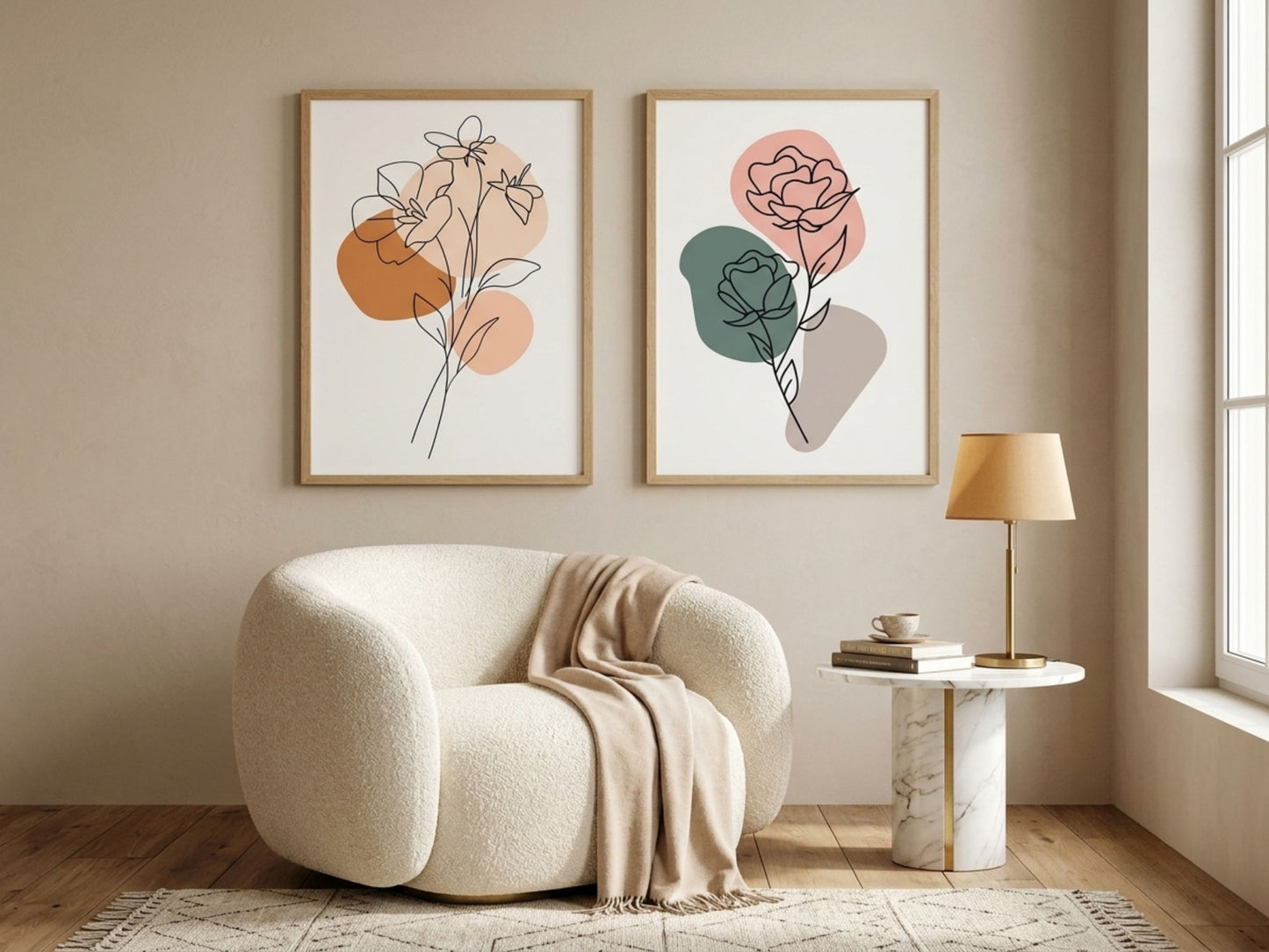 Minimalist botanical line-art set of 2 in terracotta, sage and blush, oak frames, above a boucle armchair in a Scandinavian living room by VYLOIRE