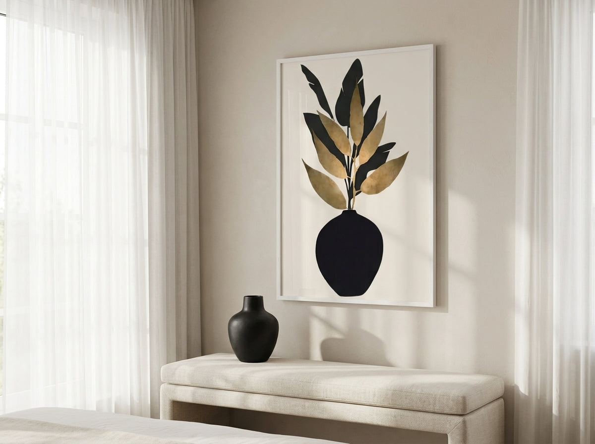 Vyloire Black & Gold Botanical Vase print in White Premium Oak frame displayed above an entryway bench in a minimal contemporary interior