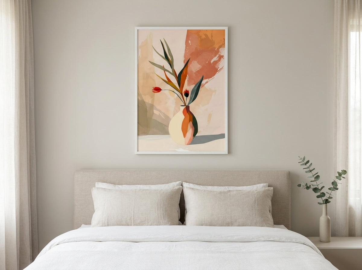 Abstract botanical vase wall art print in terracotta and sage, white Premium Oak frame, in a minimalist Scandinavian bedroom — Vyloire