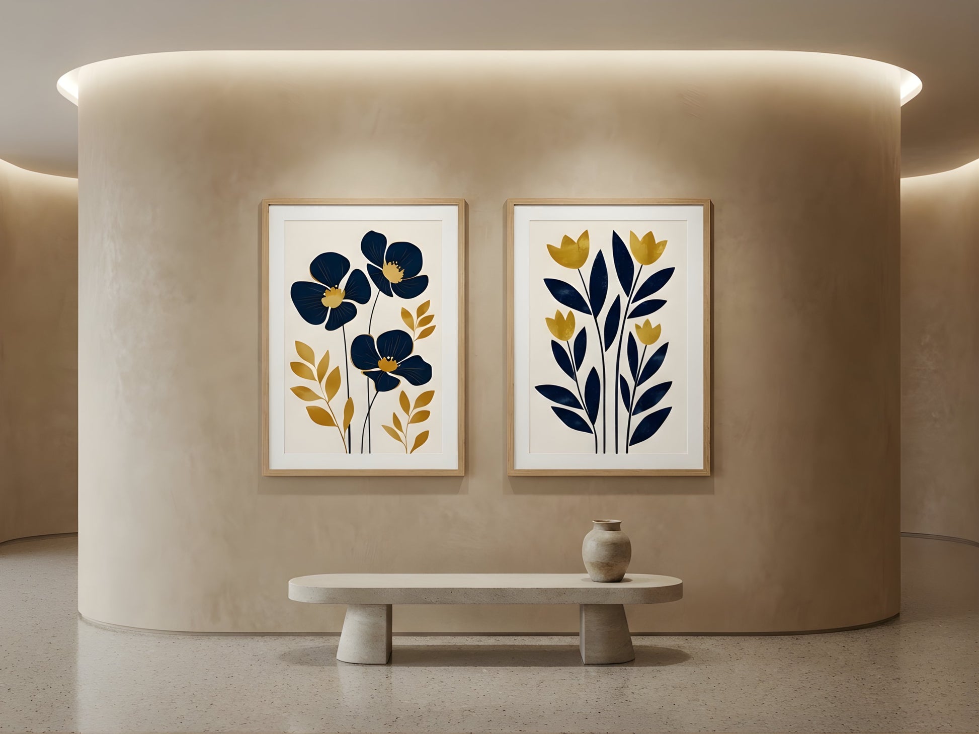 Minimalist navy and gold botanical wall art set of 2 on a curved neutral Japandi wall above a stone bench by VYLOIRE