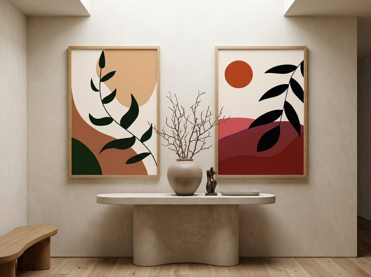 Minimalist boho botanical and abstract sun wall art set of 2 in earth tones, oak frames, above a plaster console table by VYLOIRE