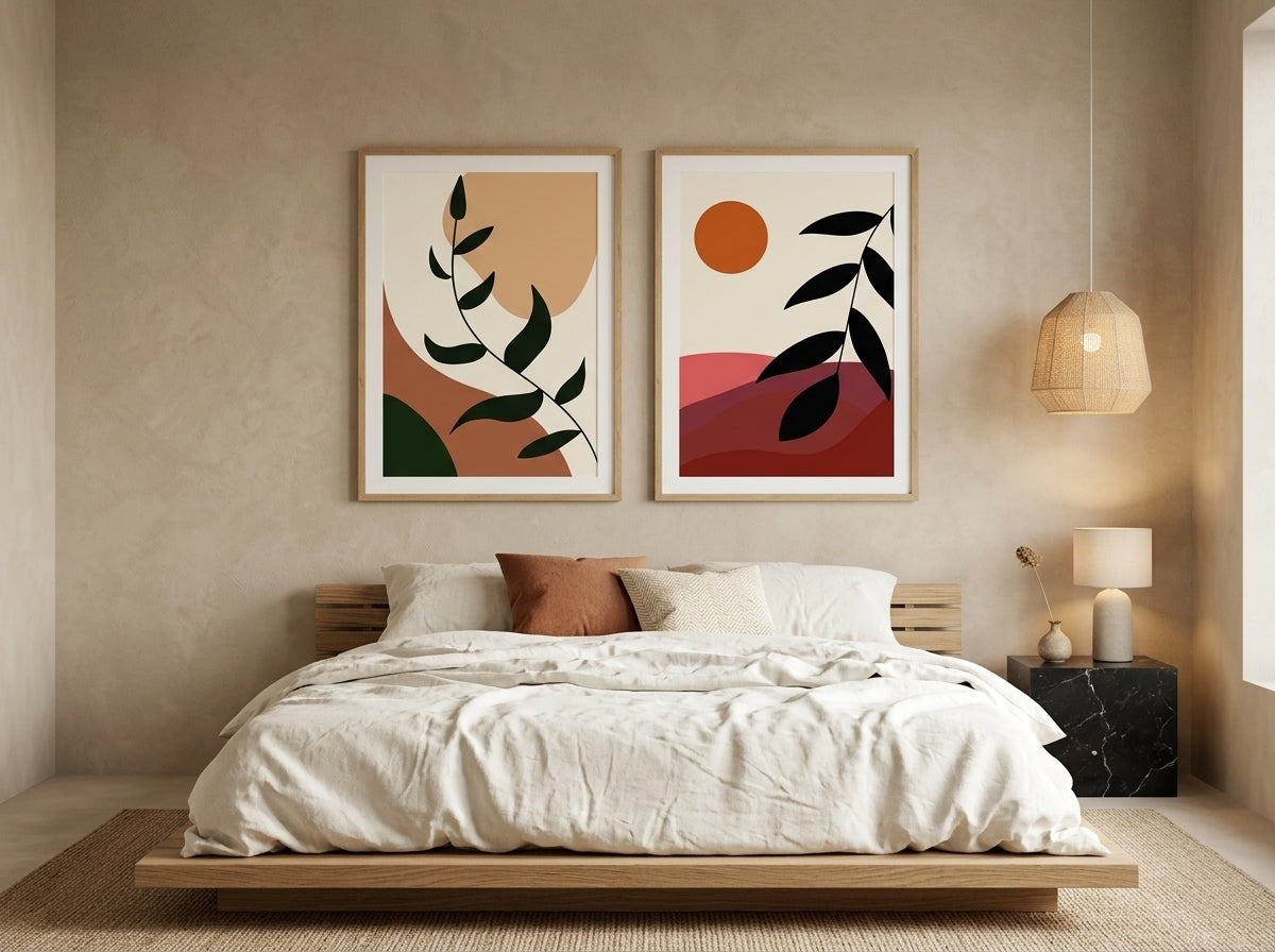 Minimalist boho botanical and abstract sun wall art set of 2 in terracotta and burnt orange, oak frames, above a platform bed by VYLOIRE