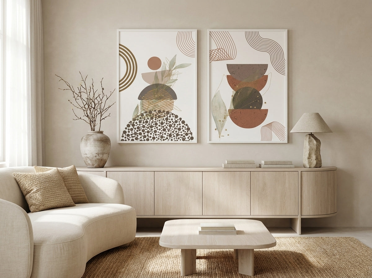 Minimalist abstract botanical wall art set of 2 in terracotta, rust and sage, white premium oak frames, above a beige credenza by VYLOIRE