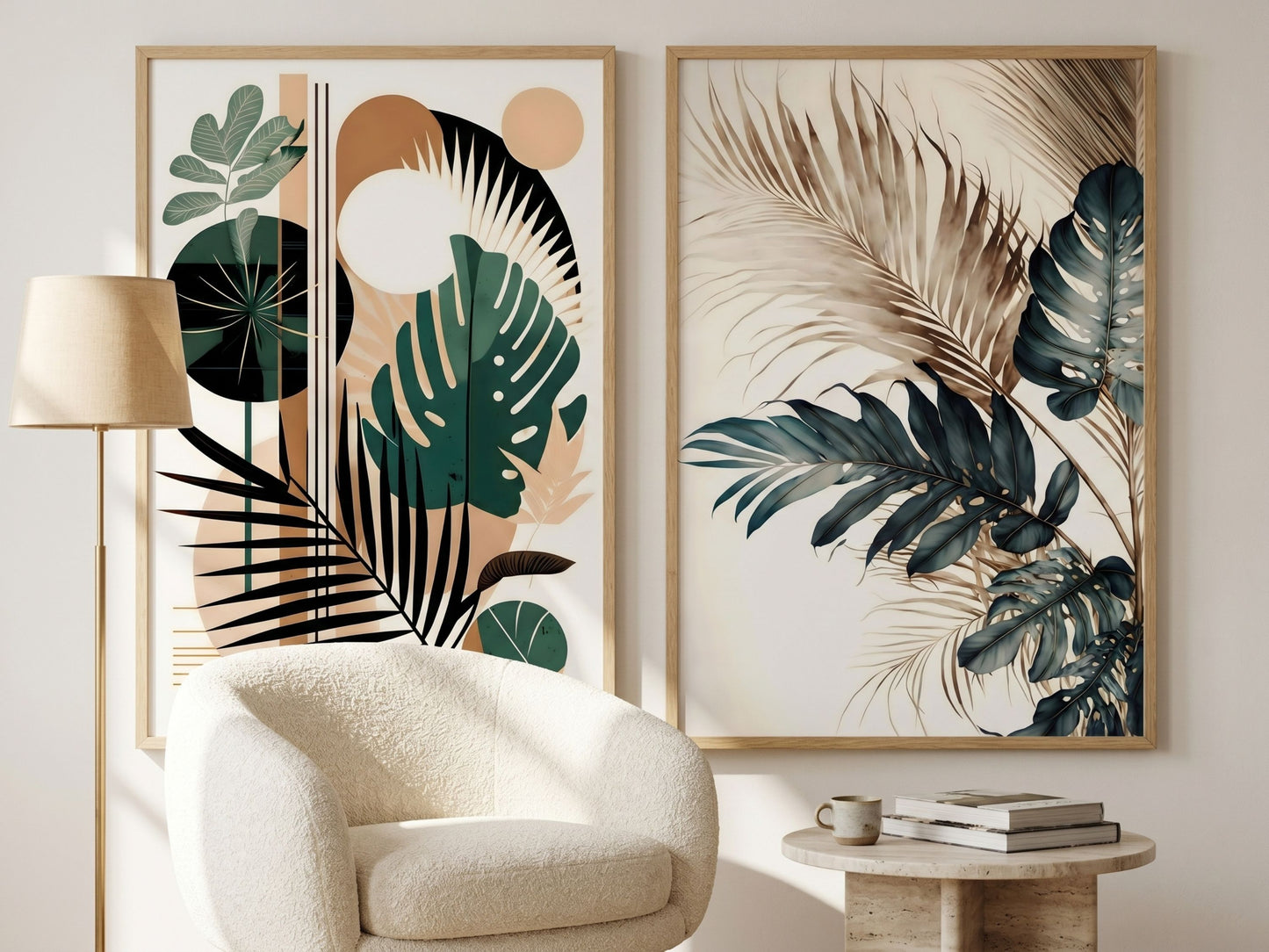 Minimalist botanical and watercolor tropical leaf wall art set of 2 in emerald and terracotta, oak frames, in a sunlit living room corner by VYLOIRE