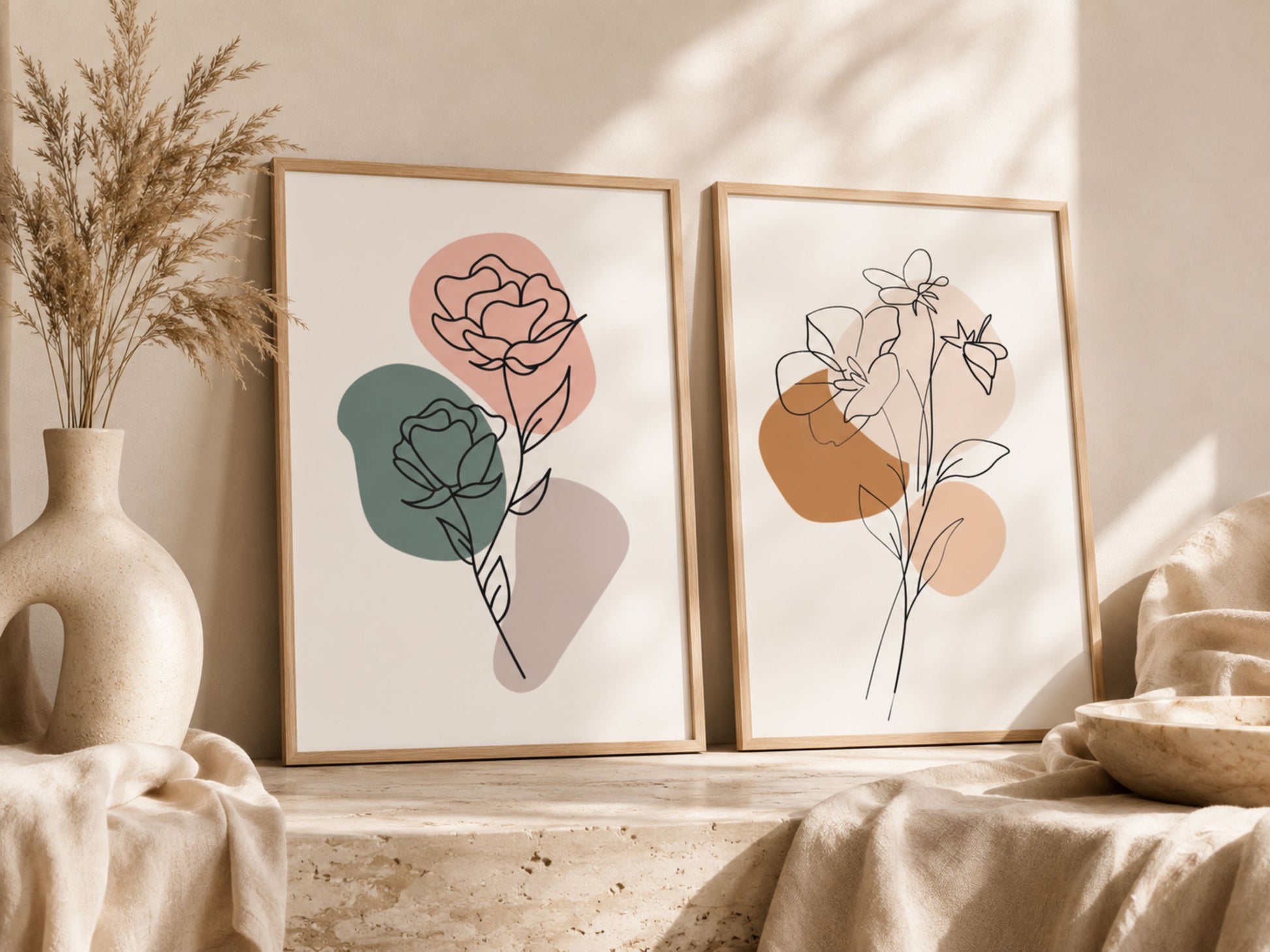 Minimalist line-art botanical wall art set of 2 in terracotta and sage, oak frames, styled on a neutral travertine ledge by VYLOIRE