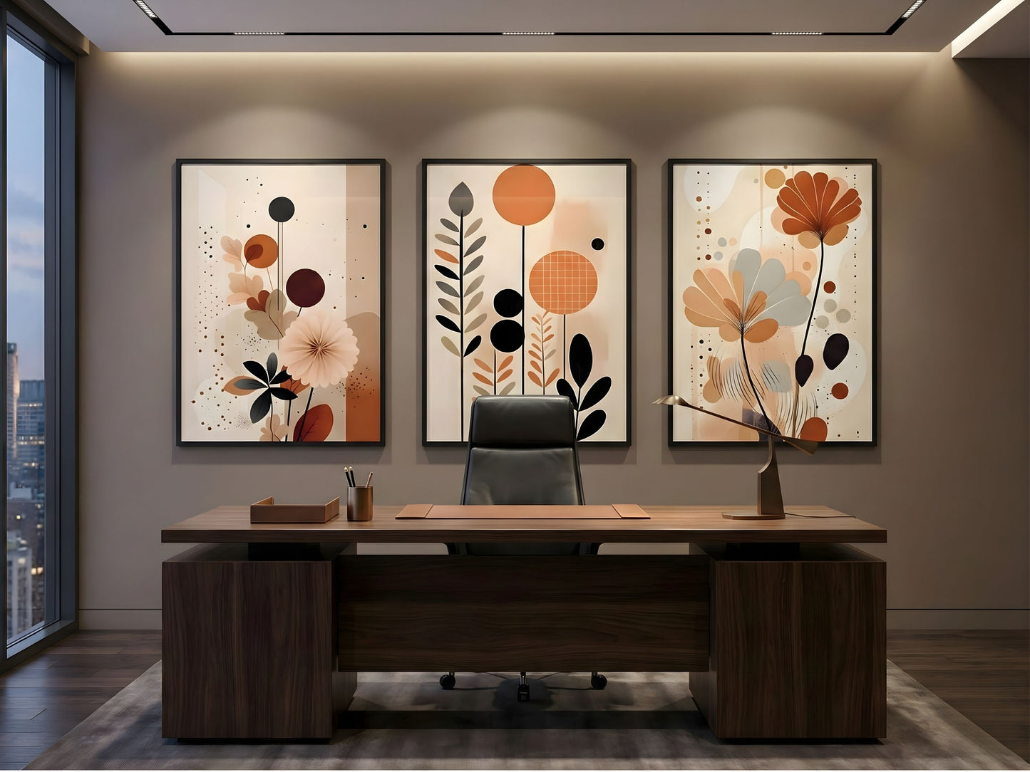 Modern terracotta abstract botanical wall art set of 3 in black frames above a walnut desk in an executive home office by VYLOIRE