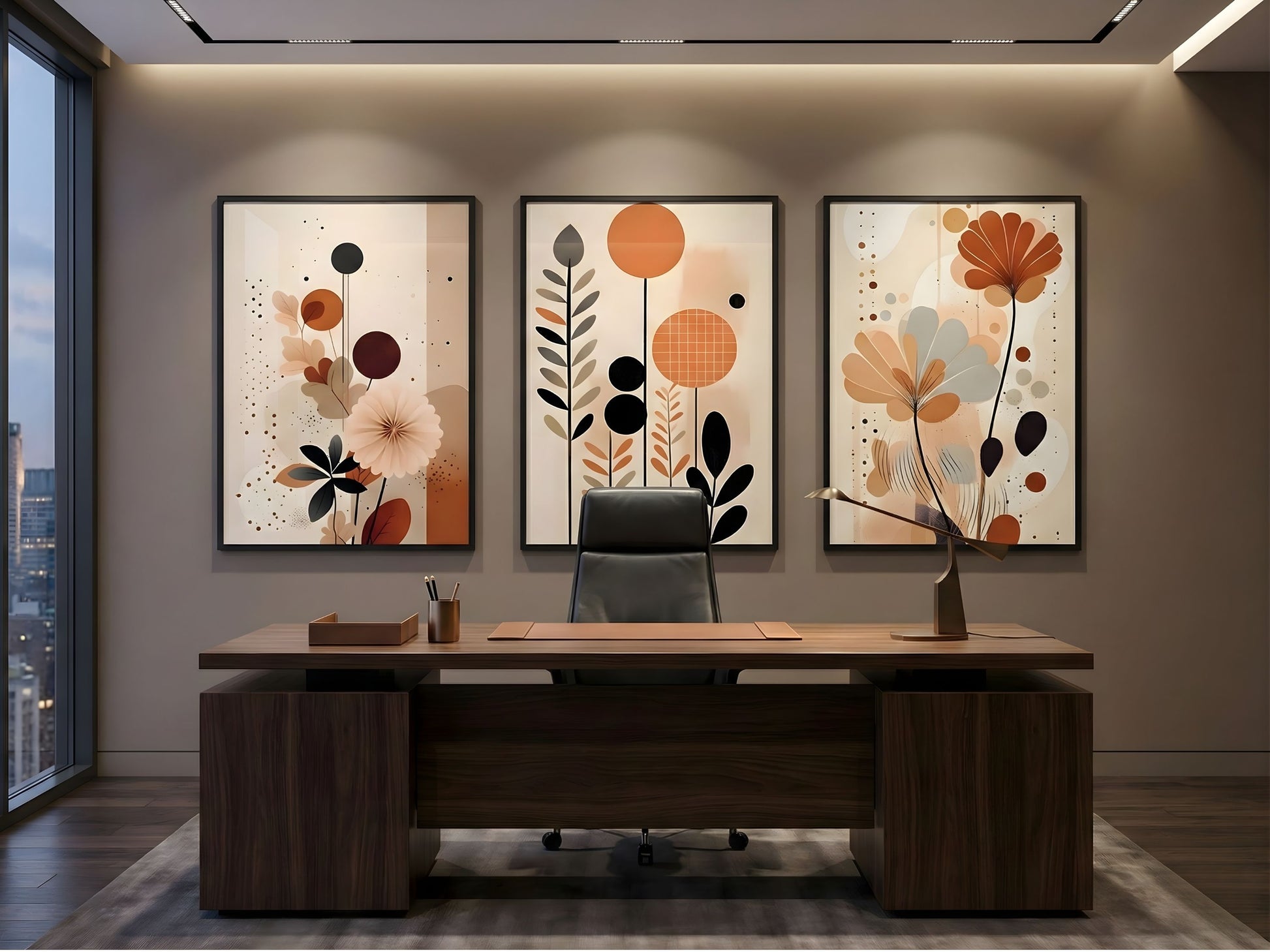 Modern terracotta abstract botanical wall art set of 3 in black frames above a walnut desk in an executive home office by VYLOIRE