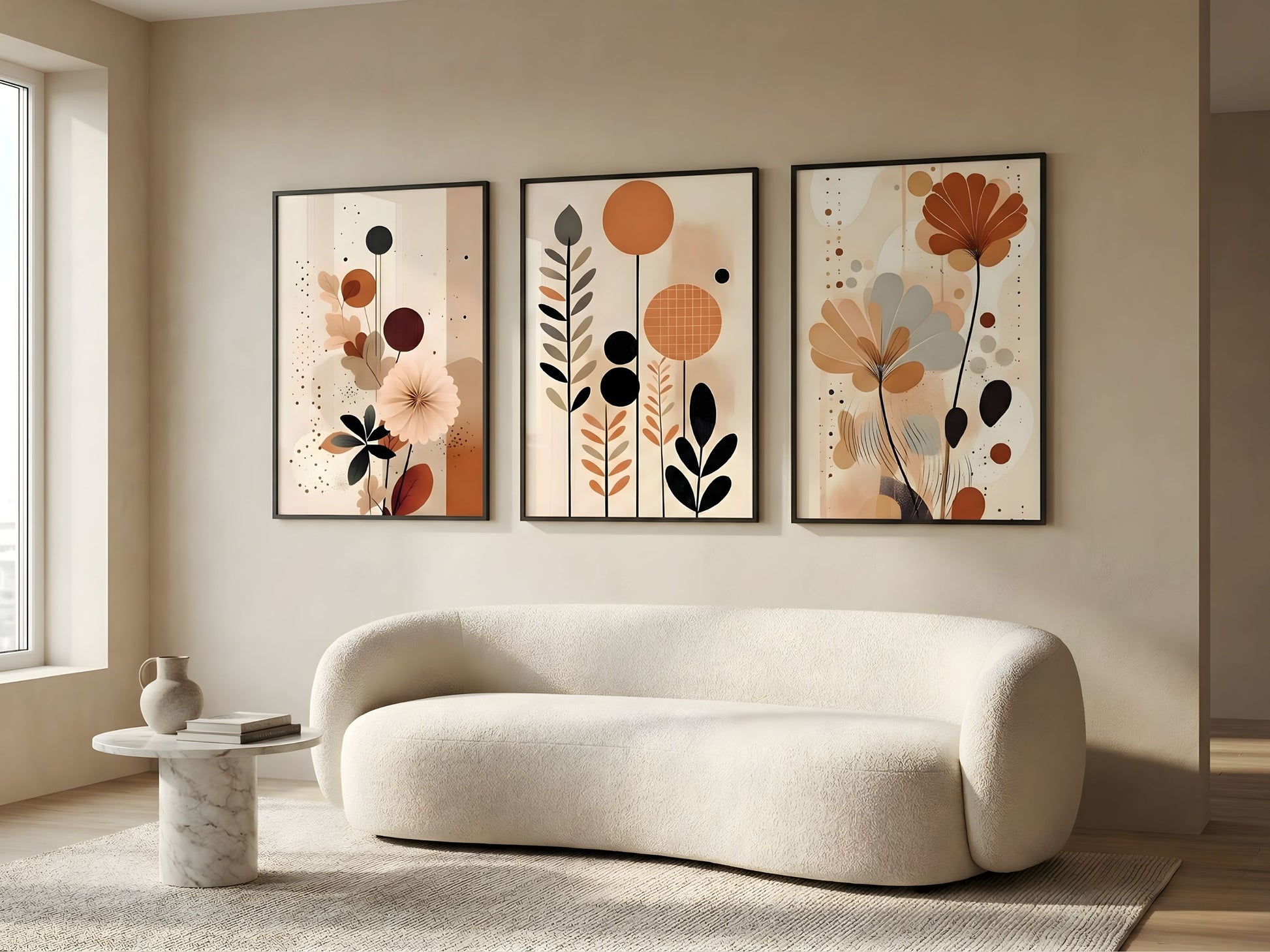 Modern terracotta abstract botanical triptych set of 3 in black frames above a marble table in a neutral living room by VYLOIRE