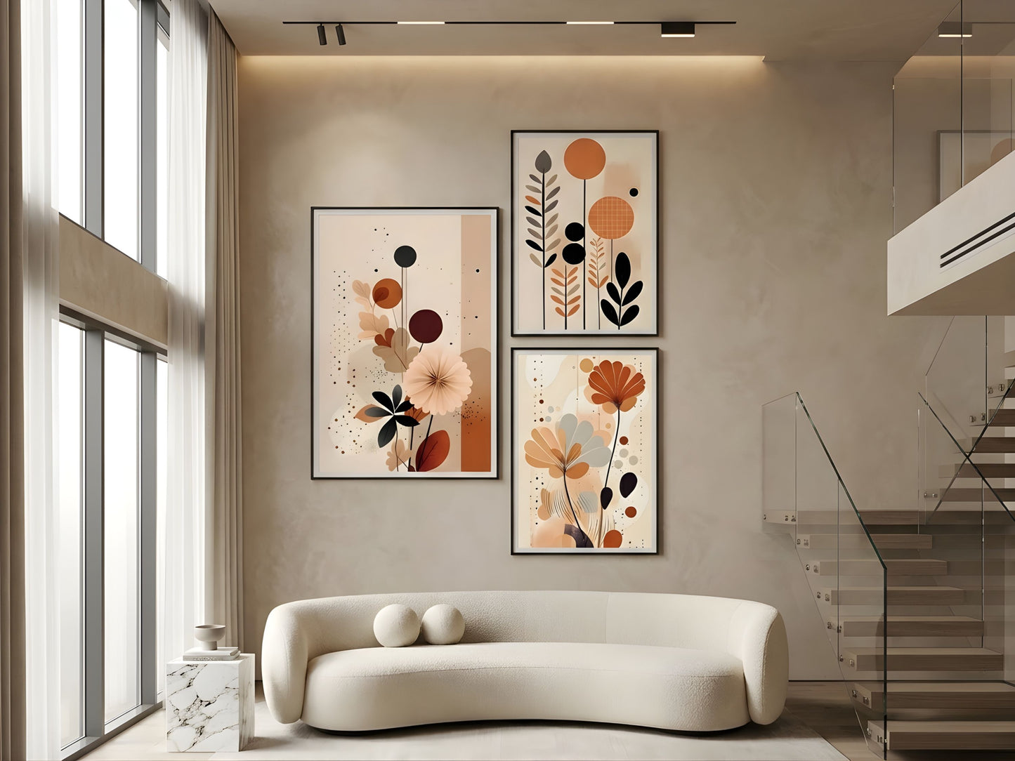 Modern abstract botanical triptych set of 3 in terracotta, rust and charcoal, black frames, in a luxury living room by VYLOIRE