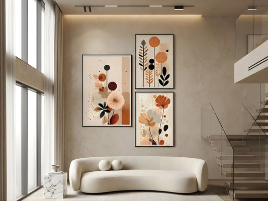 Modern abstract botanical triptych set of 3 in terracotta, rust and charcoal, black frames, in a luxury living room by VYLOIRE