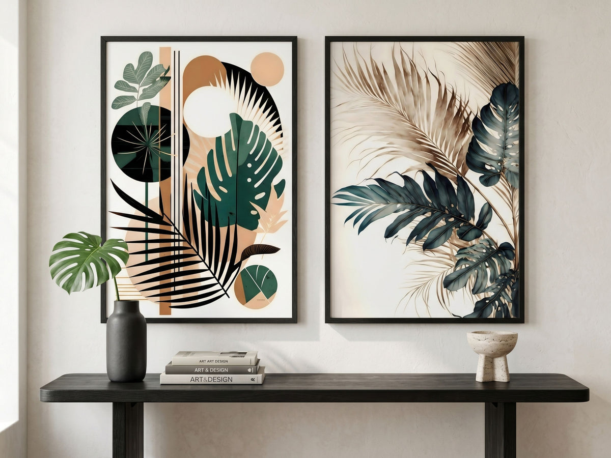 Modern abstract botanical and watercolor tropical wall art set of 2 in emerald and terracotta, black frames, above an entryway console by VYLOIRE