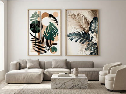 Modern abstract botanical and watercolor palm and monstera wall art set of 2 in emerald and terracotta, oak frames, above a sofa by VYLOIRE