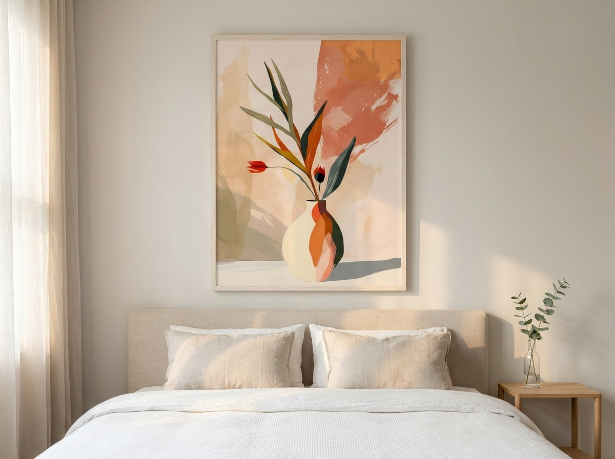 Abstract botanical vase art print in terracotta and sage, white Premium Oak frame, above an upholstered headboard in a modern bedroom — Vyloire