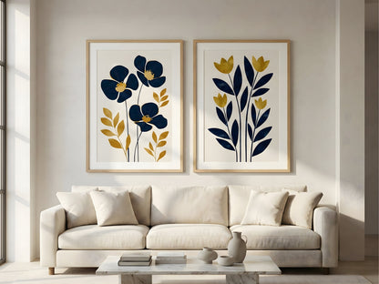 Navy and mustard botanical wall art set of 2 in oak frames above a cream sofa in a luxury modern living room by VYLOIRE