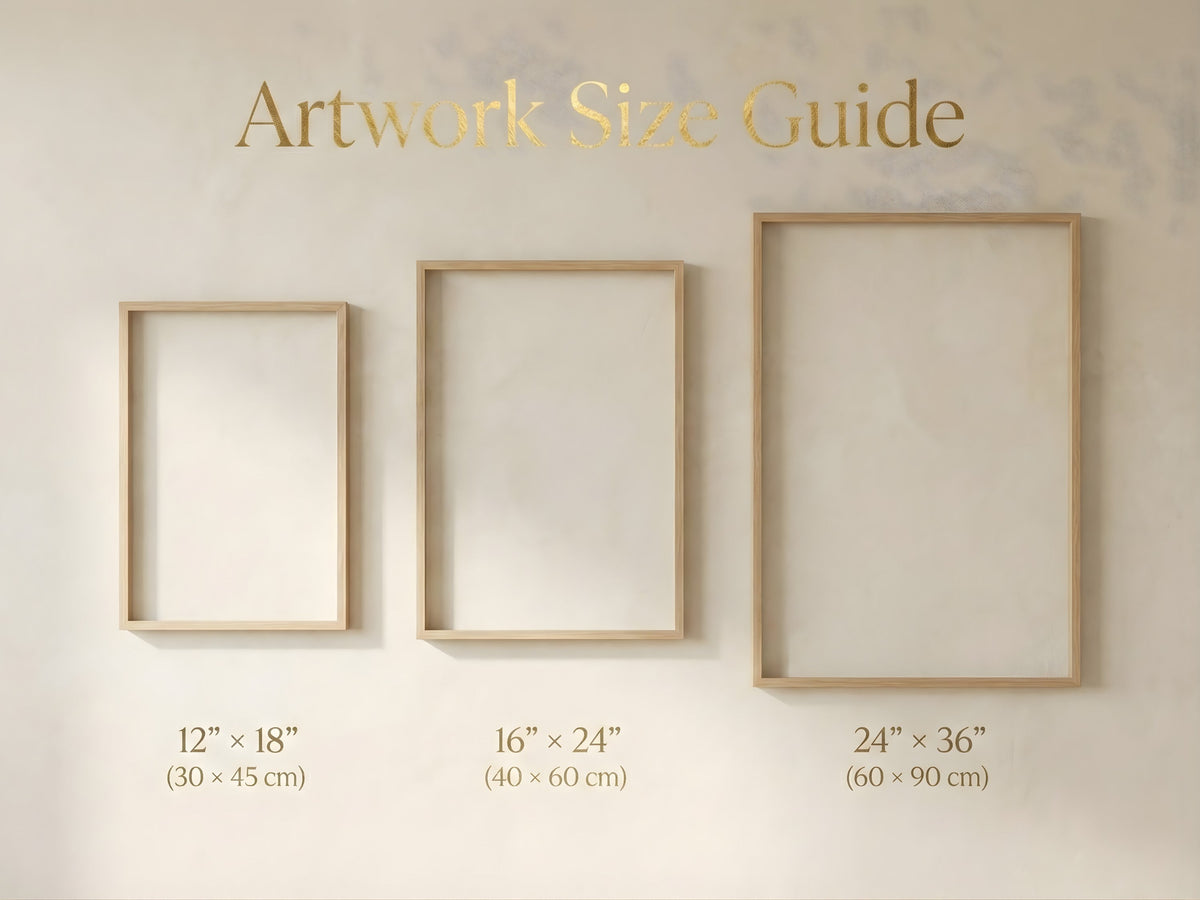 Size and scale guide for Vyloire wall art sets of 2 in oak frames, showing 12×18, 16×24 and 24×36 inch print sizes on a neutral wall