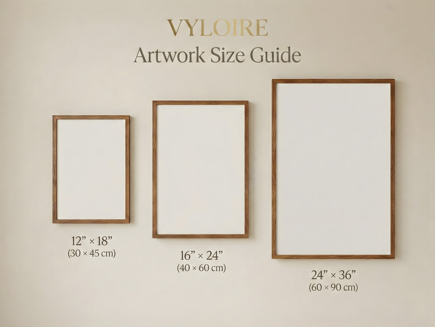 Size guide for VYLOIRE botanical wall art set of 2 showing 12x18, 16x24 and 24x36 inch frame sizes on a neutral wall