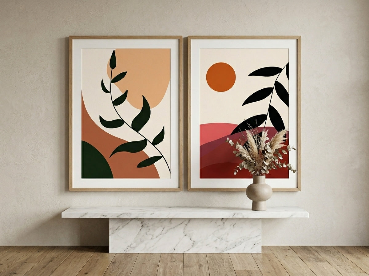 Modern boho botanical and abstract sun wall art set of 2 in terracotta and burnt orange, oak frames, above an entryway console table by VYLOIRE