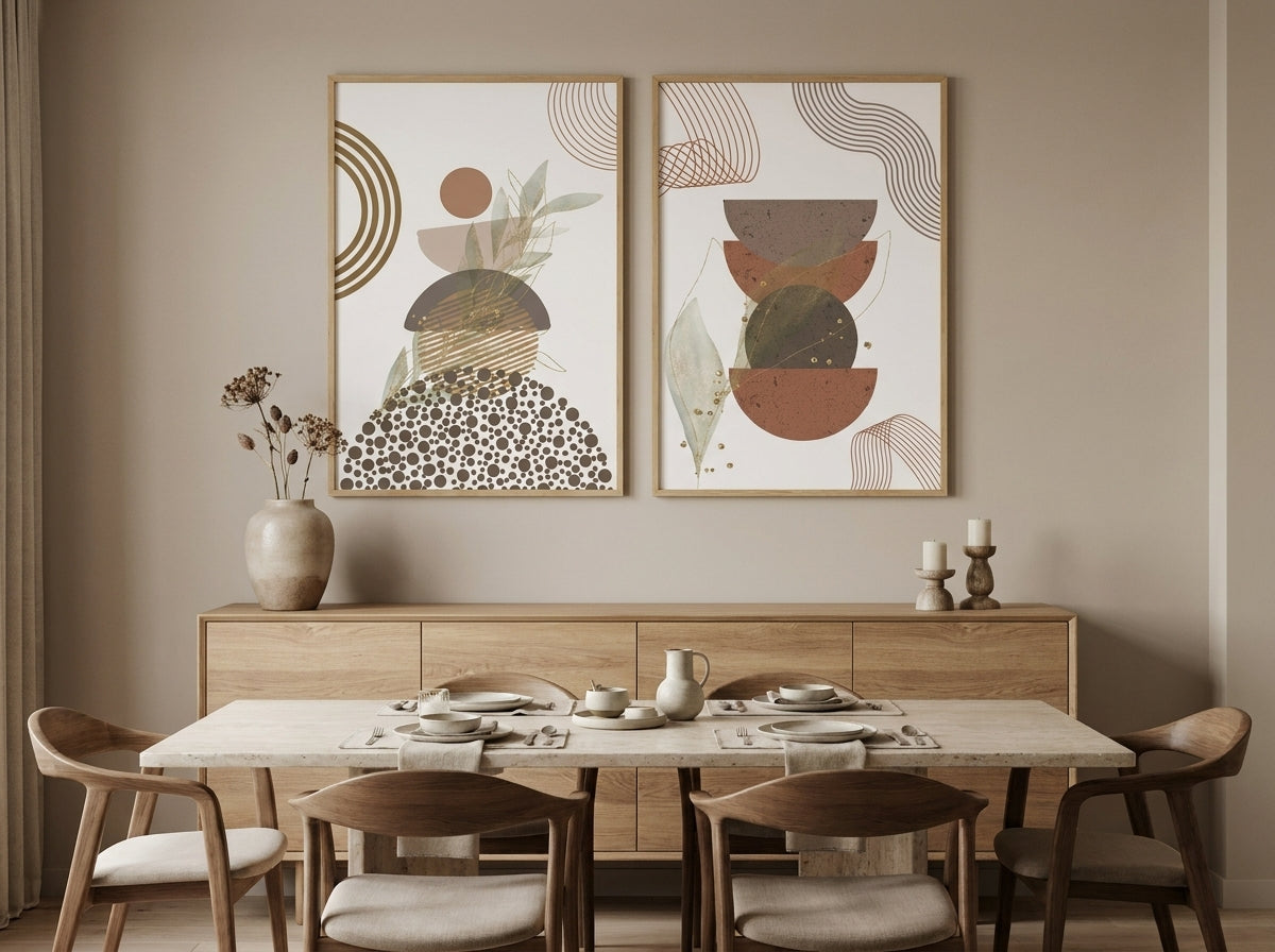 Set of 2 abstract botanical prints in oak frames over a wood sideboard in a warm dining room, terracotta sage and gold by VYLOIRE.