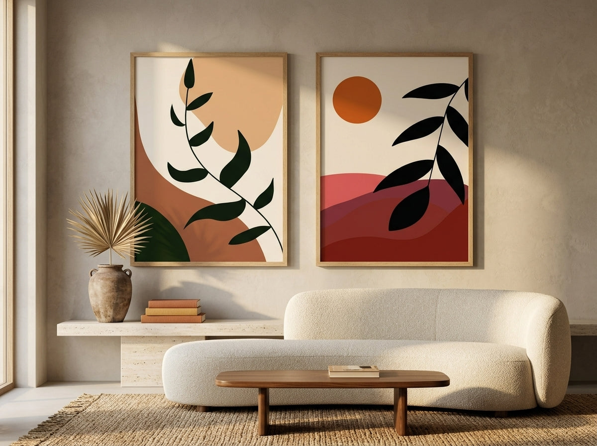 Modern boho botanical and abstract sun wall art set of 2 in terracotta and olive green, oak frames, in a warm boucle living room by VYLOIRE