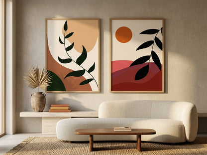 Modern boho botanical and abstract sun wall art set of 2 in terracotta and olive green, oak frames, in a warm boucle living room by VYLOIRE