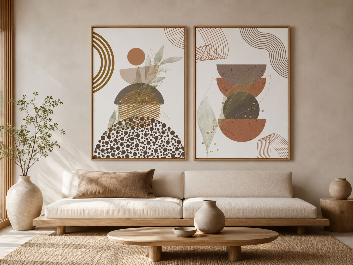 Modern abstract botanical set of 2 in oak frames, terracotta, rust and sage prints in a minimalist living room by VYLOIRE.