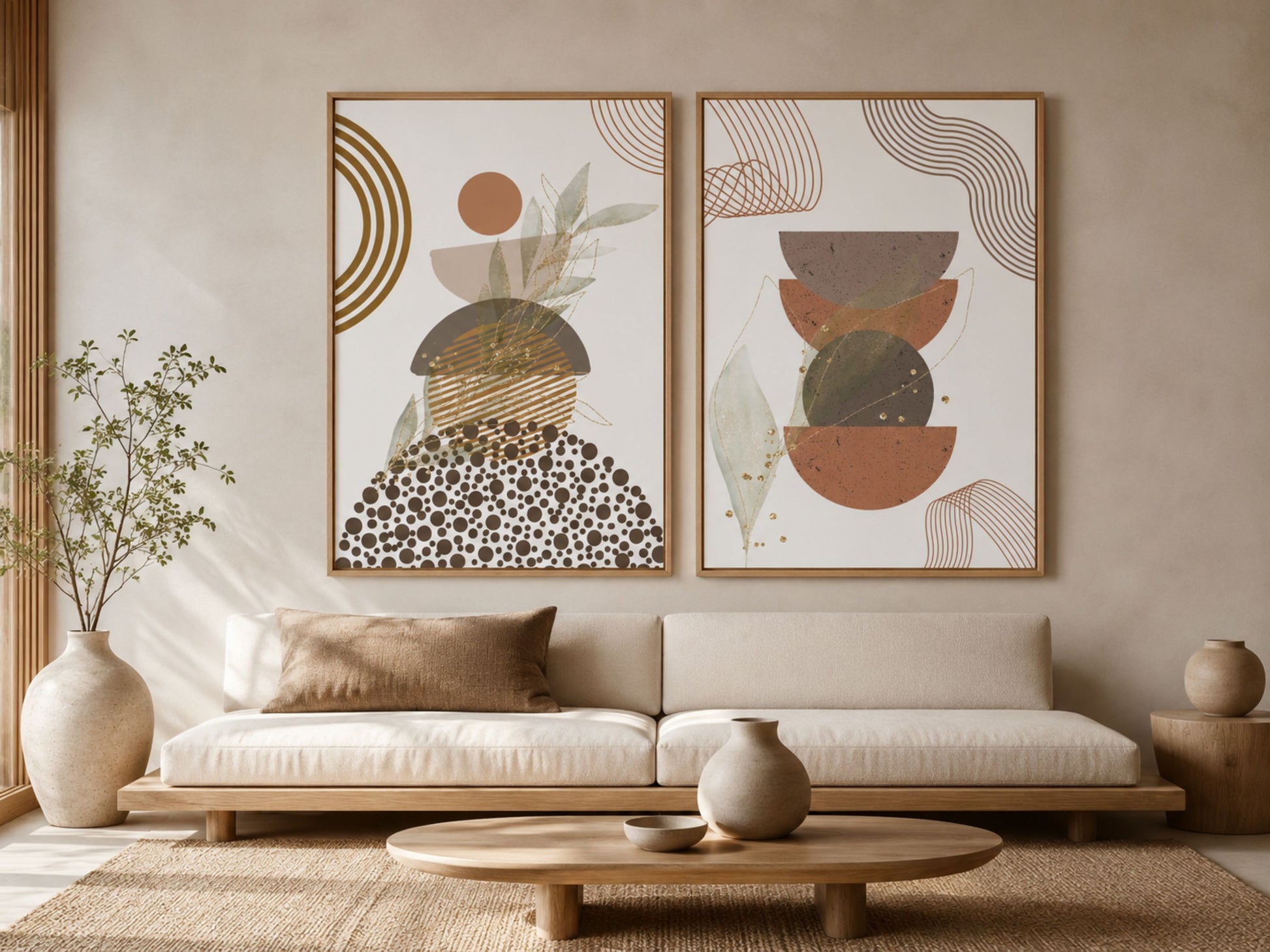 Modern abstract botanical set of 2 in oak frames, terracotta, rust and sage prints in a minimalist living room by VYLOIRE.