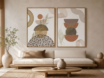Modern abstract botanical set of 2 in oak frames, terracotta, rust and sage prints in a minimalist living room by VYLOIRE.
